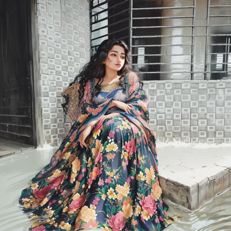 a woman in a floral dress sitting on a river side, wearing a long flowery dress, idian dress, dressed in a flower dress, wearing pink floral gown, inspired by reyna rochin, inspired by Nazmi Ziya Güran, full covered dress, assamese aesthetic, wearing a long dress, inspired by Mym Tuma, wearing long gown