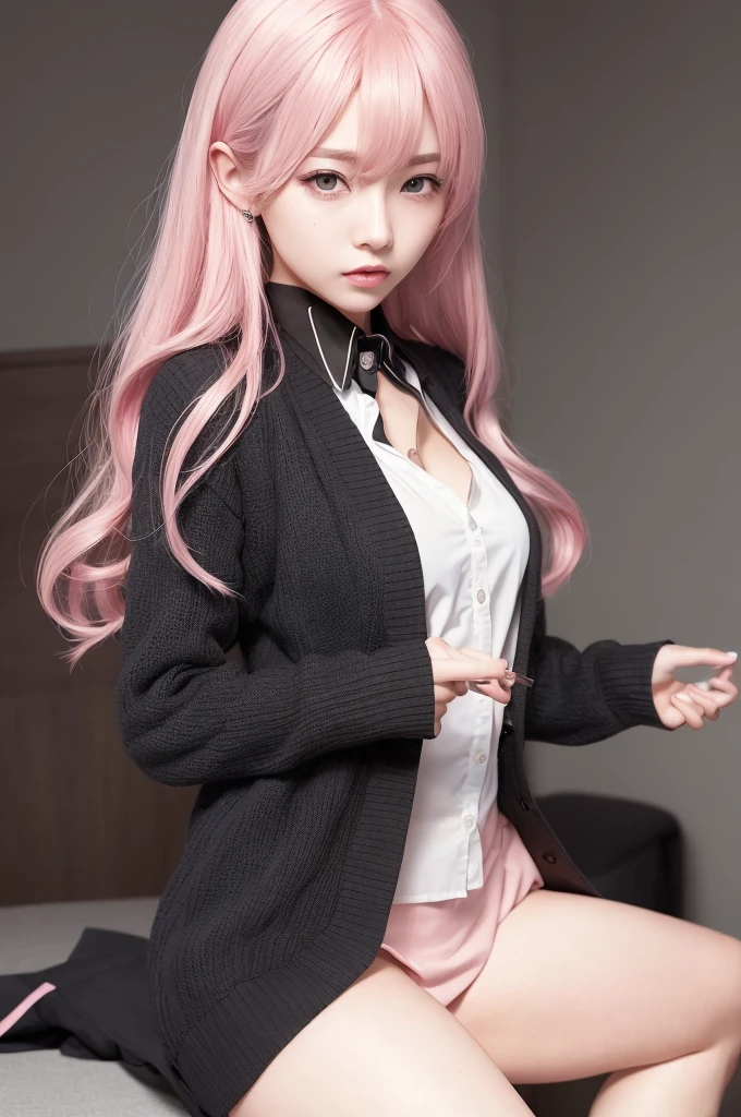 (RAW photo, best quality), (realistic, photo-realistic:1.3), masterpiece, an extremely delicate and beautiful, extremely detailed, CG, unity , 2k wallpaper, Amazing, finely detail, light smile, extremely detailed CG unity 8k wallpaper, huge filesize, ultra-detailed, highres, absurdres, soft light, (((medium hair:1.3), short bang, pink hair, floating hair novafrogstyle)), beautiful detailed girl, detailed fingers, extremely detailed eyes and face, beautiful detailed nose, beautiful detailed eyes, long eyelashes, light on face, looking at viewer, (closed mouth:1.2), 1girl, cute, young, mature face, (full body:1.3), ((small breasts)), realistic face, realistic body, beautiful detailed thigh, (ulzzang-6500-v1.1:0.8), business suit, cross-laced clothes, collared shirt, open clothes, in office, detailed office, open cardigan, black thighhighs, miniskirt, black underwear, unbuttonnd shirt hisap rokok