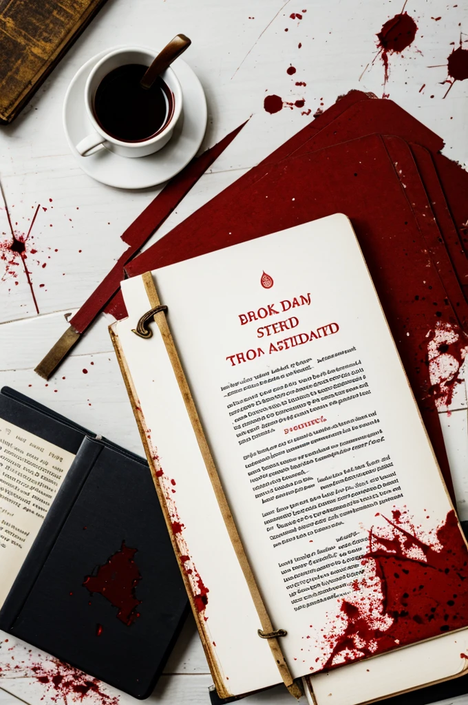 book lying on the floor,open,blood stained,with text that cannot be read,on a white desk in a dark room