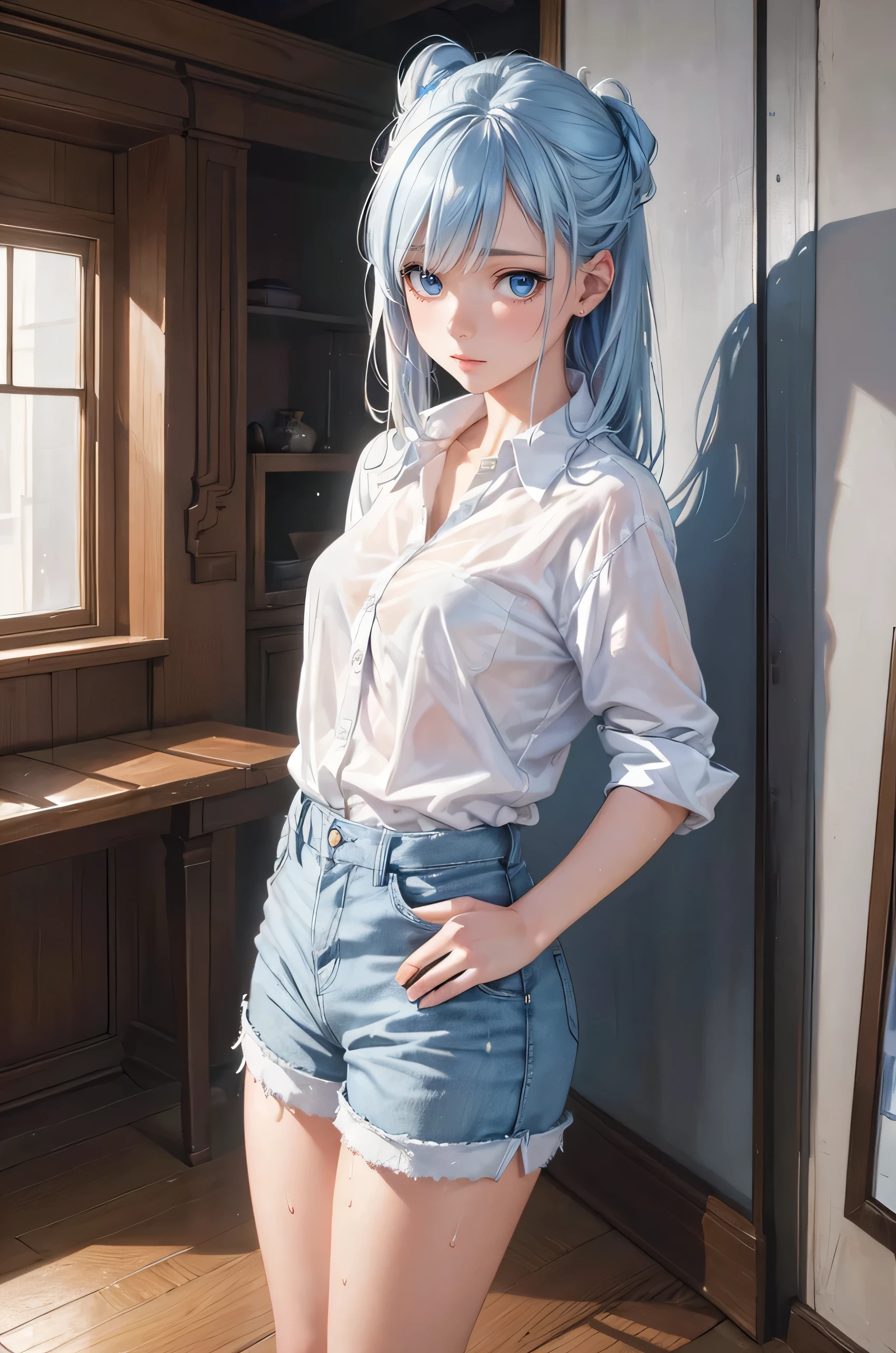 (highest quality:1.3), Super detailed, Sharp focus, Full Color, (Ultra-fine illustration:1.0), (Realistic photos:1.5),
 Drawing a girl blue and white hair, In white shorts, shirt, Full Body Shot, Sweaty, Browsing Caution