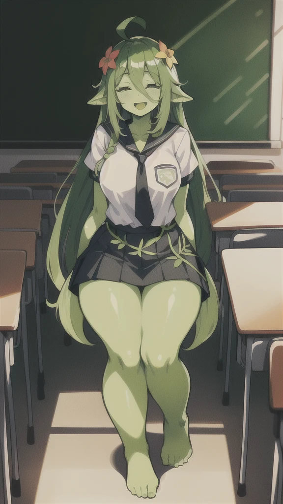 (1alraunegirl ,20s,mature female,adult),happy,white shirt,short sleeves,black standard tie,black school skirt,green hair,long hair,(classroom),full body,alraune, flower, vines,(pure green skin,colored skin,flower body)