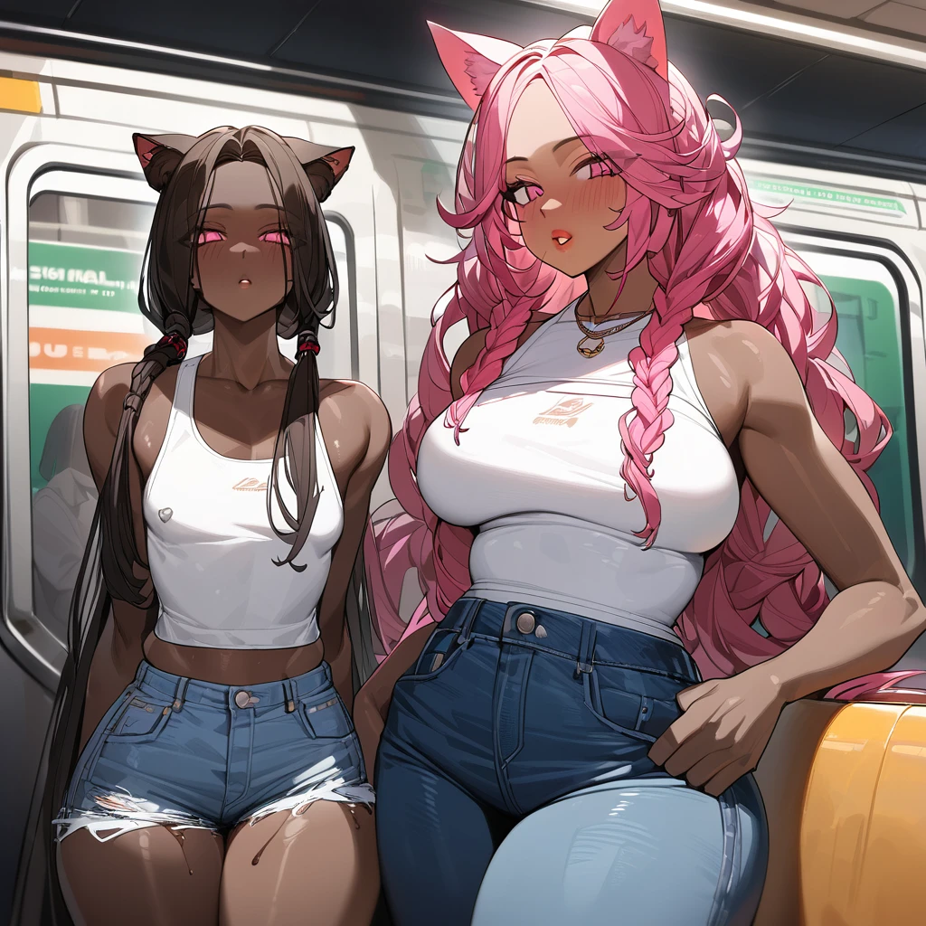 Best quality, highly detailed, ultra detailed, 1 very Dark brown skin boy, chocolate skin, flat chest, male chest, curvy body, long dreadlocks, pink dreadlocks, pink eyes, cat ears, lipgloss, wearing white croptop, denim mom jeans, booty, subway transit background 