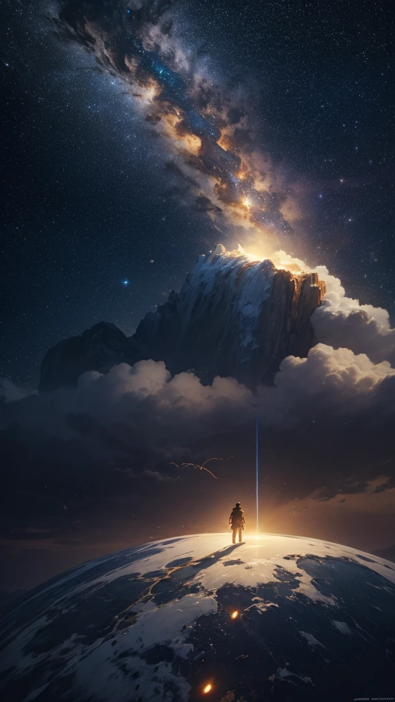 (Highly detailed CG Unity 8k wallpaper), A man looking up at the night sky, The most beautiful space art panorama, SF universe scenery, planet, Ed Blinky, Atey Gailan, Professional and spectacular paintings from Studio Ghibli, Jeremy Mann, Greg Manchess, Antonio Moro, Trending on Art Station, Trending on CGSociety, complicated, High detail, Sharp focus, dramatic, Photorealistic paintings by Midjourney and Greg Rutkowski