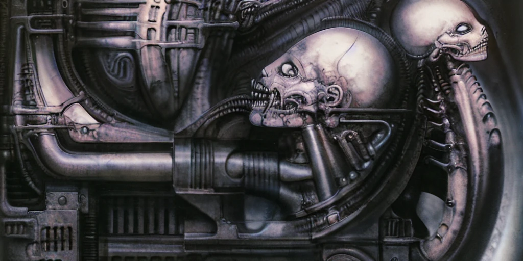 Giger_style, The image is a detailed view of H.R. Giger's \" Landscape XVI \" plate, featuring a complex network of bones and organs in a purple-brown hue ,swirling gray and brown colors. The artwork is silver and purplish brown, with an ivory bones prominently displayed. The image is highly detailed and intricate, almost like a 3d version of a medical diagram
The image is an artistic representation of a mechanical structure with pipes and gears, with a skeletal creature and a windmill blade.
The image depicts a surreal, anatomical illustration of a alien body with a skeleton inside, surrounded by a network of tubes and pipes.
biomechanical landscape by Hans Rudie Giger composed of fossilized and mummified alien life forms. Image depicts a strange and dreamlike, combines biological and mechanical ,managed to dreamlike quality. Centralized recognizable shapes of skulls, rib cages, and spines, all intertwined with tubes and cables. These shapes suggest fossilized mummified alien life forms. Central skeletal structures and what appears to be a ribcags of ivory in the foreground are the most identifiable organic elements. The mechanical elements are evident in the wires and tubes emanating from the skeletals, as well as the smooth metallic tubes. In the background shapes are visible that could be interpreted as other fossilized or mummified alien life.
Light source from the top highlights skeletals, upper part of foreground, lower part of image is in shadow.
The piece is a tableau, most likely created with a India ink pen or pencil on paper, determined by the thin lines, shading techniques, and the texture of the paper, which is visible around the edges.
used is pen, given the shading and variations in line weight visible in the image. One have used a variety of pencils with different degrees of hardness to achieve the shading effects
The style is clearly biomechanical. Features combination of organic and mechanical forms.