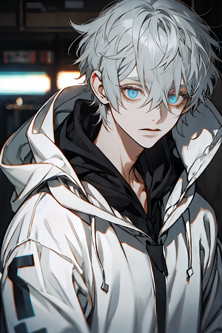 Boy with gray hair, hoodie, skate, dirty hair, (eyes:1.5)