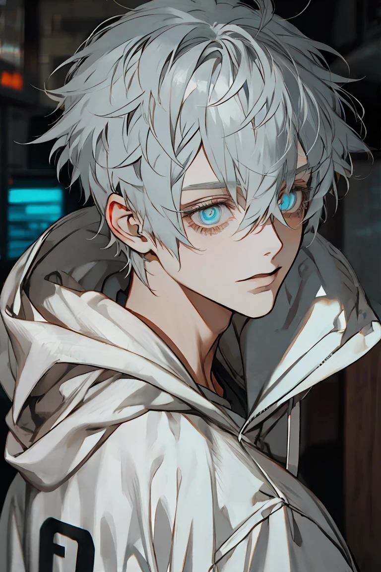 Boy with gray hair, hoodie, skate, dirty hair, (eyes:1.5)