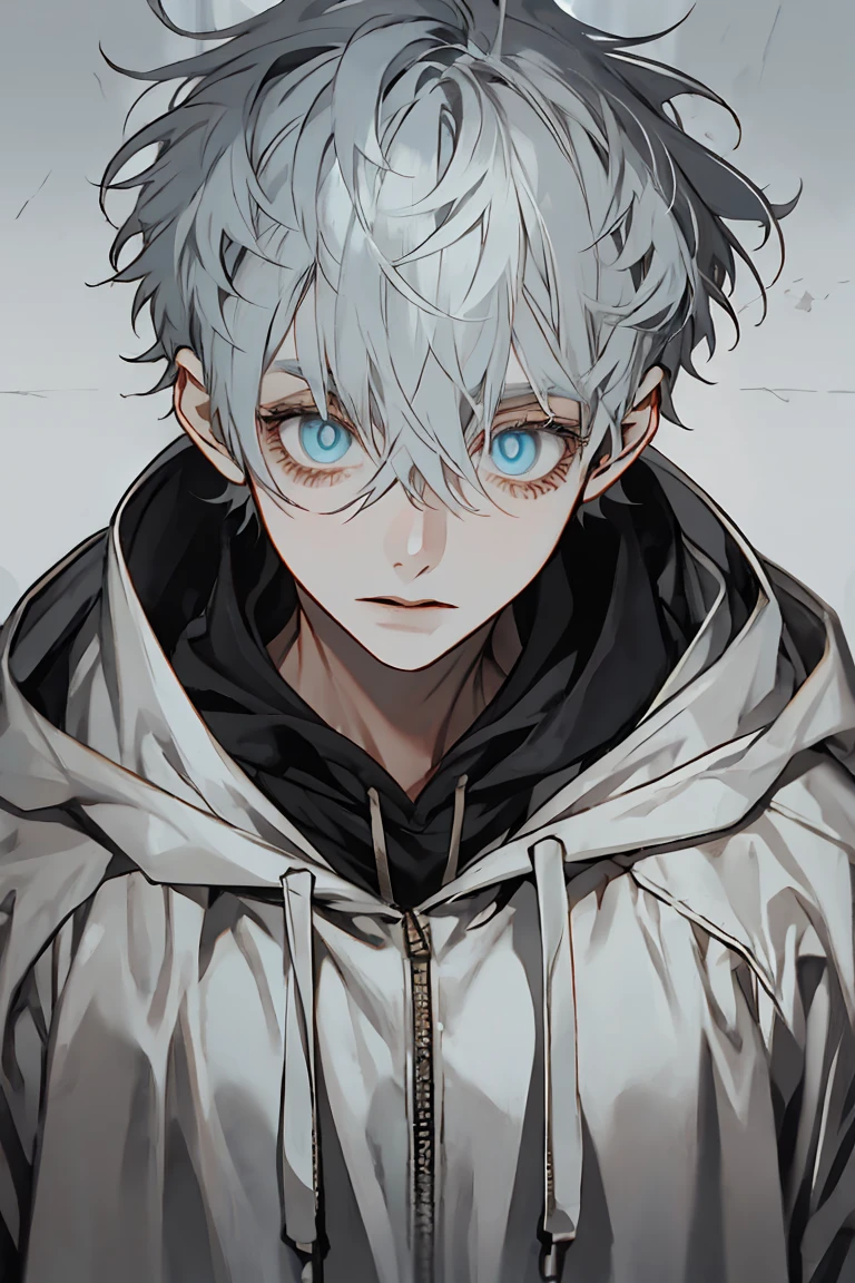 Boy with gray hair, hoodie, skate, dirty hair, (eyes:1.5)