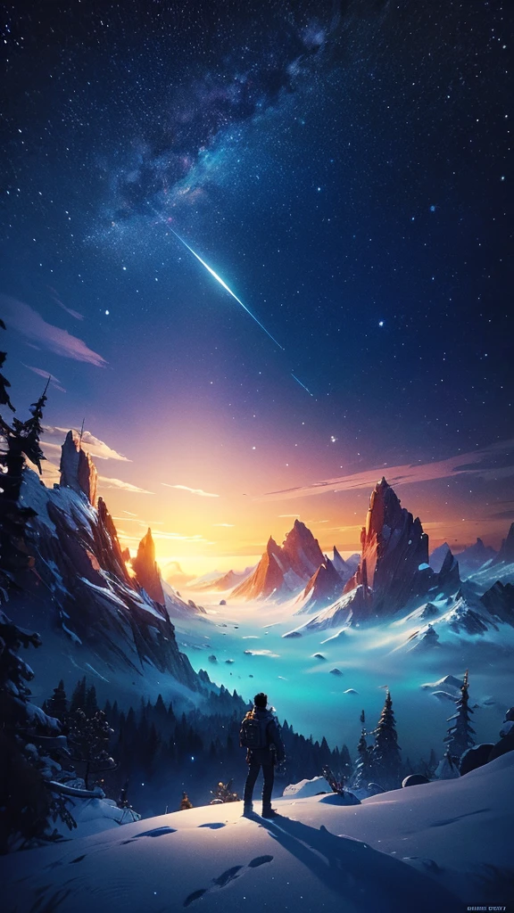 (Highly detailed CG Unity 8k wallpaper), A man looking up at the night sky, The most beautiful space art panorama, SF universe scenery, planet, Ed Blinky, Atey Gailan, Professional and spectacular paintings from Studio Ghibli, Jeremy Mann, Greg Manchess, Antonio Moro, Trending on Art Station, Trending on CGSociety, complicated, High detail, Sharp focus, dramatic, Photorealistic paintings by Midjourney and Greg Rutkowski