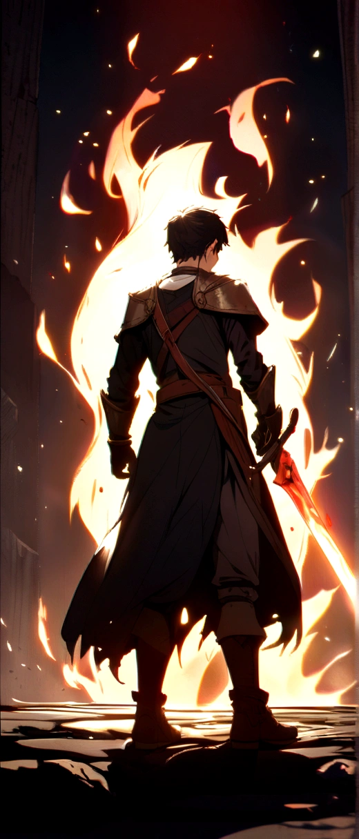 help, holding his sword full of fire