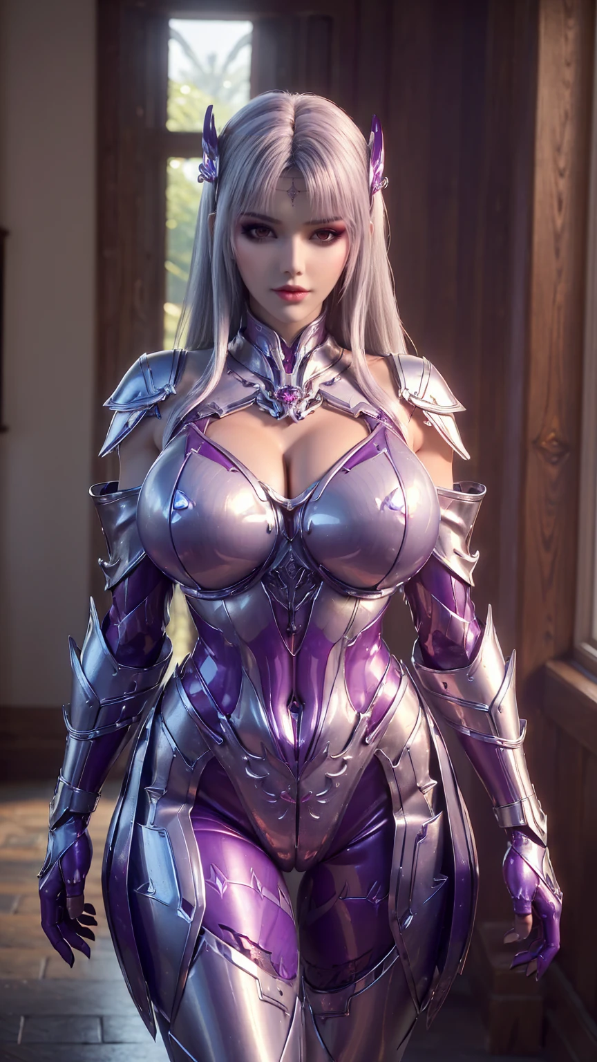 A WOMAN, BEAUTIFULL FACE, HUGE , RGB, WHITE, GOLD, PURPLE, MECHA ARMOR FULL SUIT, (CLEAVAGE), TRANSPARANT, TALL LEGS, STANDING, SEXY BODY, MUSCLE ABS.