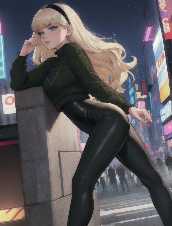 (masterpiece,best quality,absurdres,beautiful,aesthetic,detailed),cinematic angle, (Detailed face:1.2), (Detailed eyes:1.2), 1girl, solo, (Gwen Stacy:1.1), platinum blonde hair, bright blue eyes, ((Wearing: Black headband, olive green sweater, black leggings, black heels)), standing outside on New York streets, crowds of people on the surroundings, busy atmosphere, cinematic lighting, detailed background,