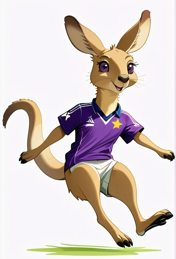 a soccer aussie kangaroo, draw illustration, jumping, purple football uniform, white background