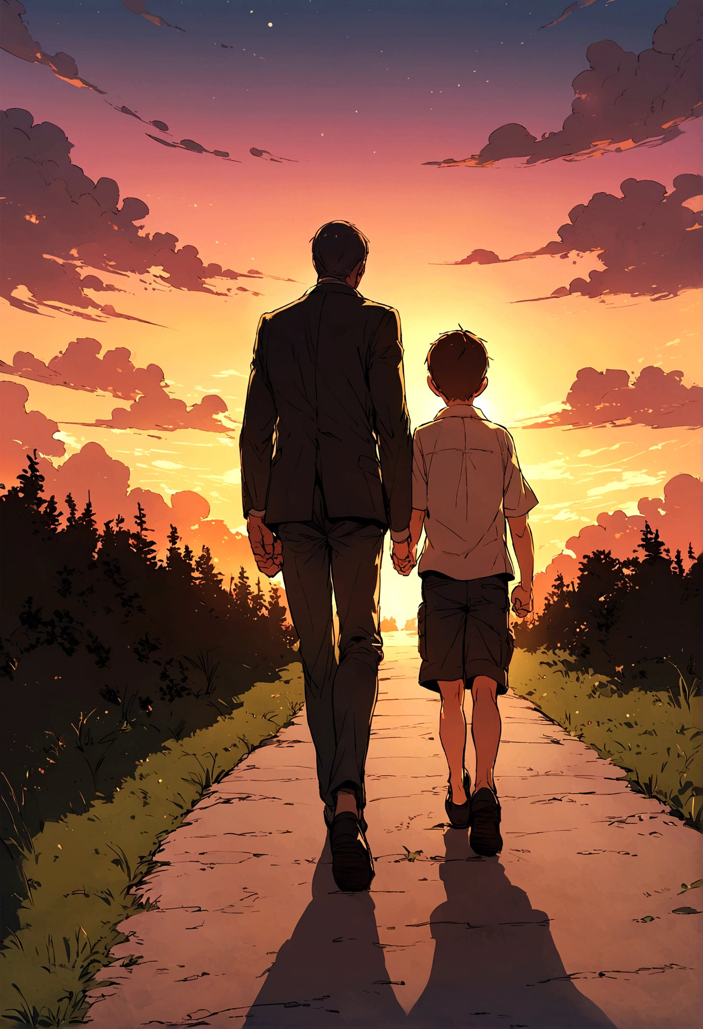 Father and son walking towards the sunset, Father's Day