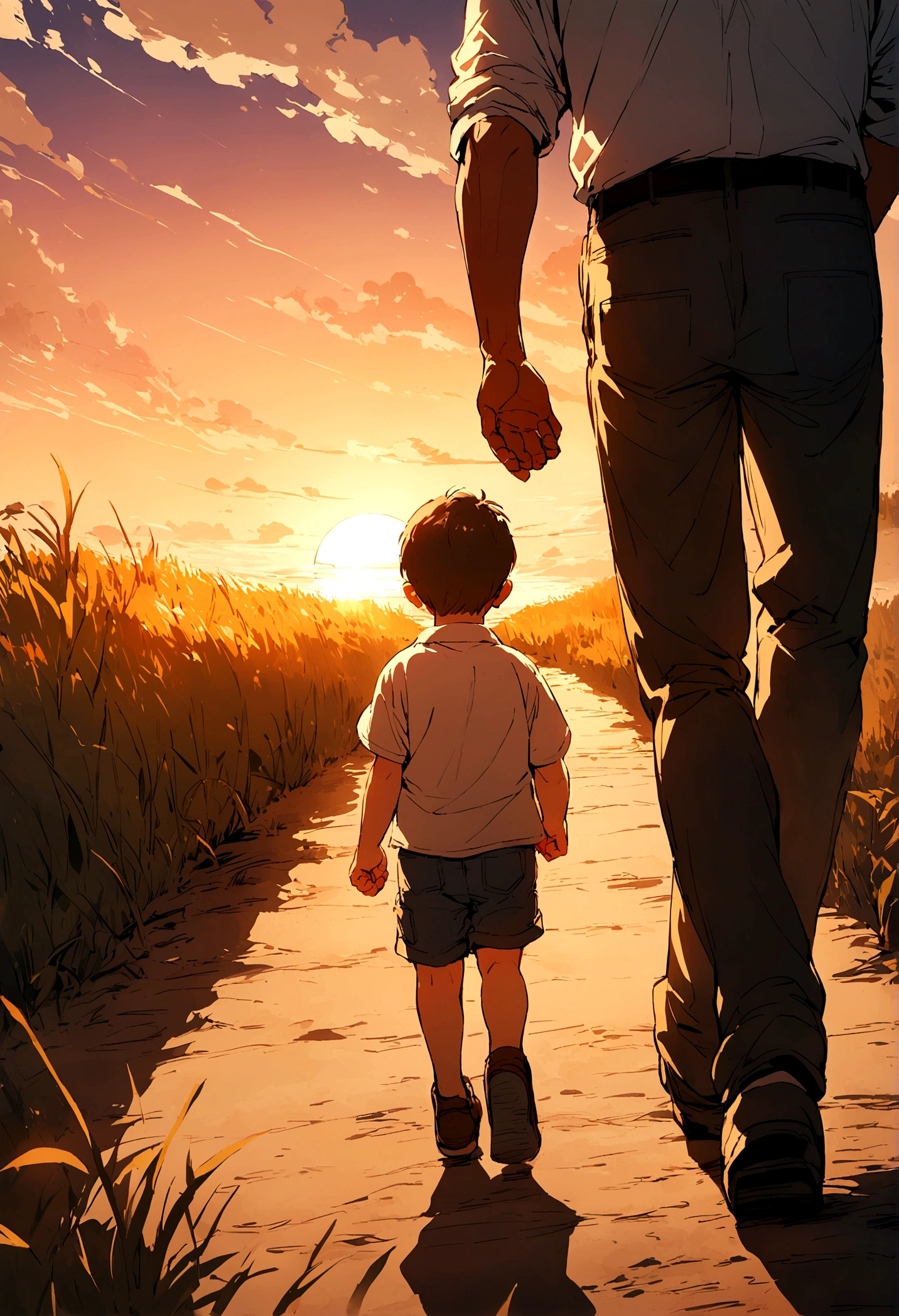 Father and son walking towards the sunset, Father's Day