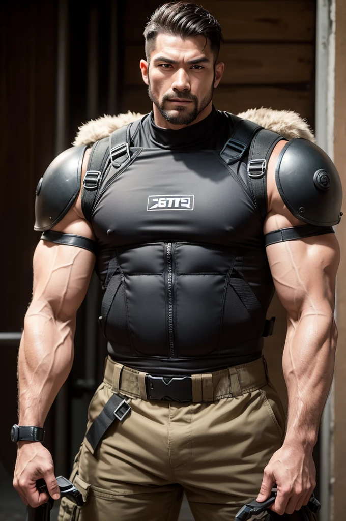 tall strong, muscular man wearing bope equipment and holding a tetsubo