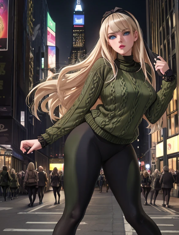 (masterpiece,best quality,absurdres,beautiful,aesthetic,detailed), (Detailed face:1.2), (Detailed eyes:1.2), 1girl, solo, (Gwen Stacy:1.1), platinum blonde hair, bright blue eyes, ((Wearing: Black headband, olive green sweater, black leggings, black heels)), standing outside on New York streets, crowds of people on the surroundings, busy atmosphere, cinematic lighting, detailed background,