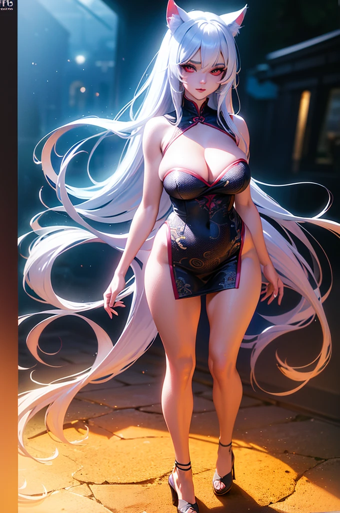 A beautiful girl with cat ears, long white hair, and a furry cat tail, red eyes, wearing white Qipao with red flowers details, slender figure with large breasts, (best quality,4k,8k,highres,masterpiece:1.2),ultra-detailed,(realistic,photorealistic,photo-realistic:1.37),detailed eyes,detailed lips,extremely detailed face,long eyelashes,fantasy,magical,digital painting,concept art,vibrant colors,dramatic lighting,highly detailed, full body image