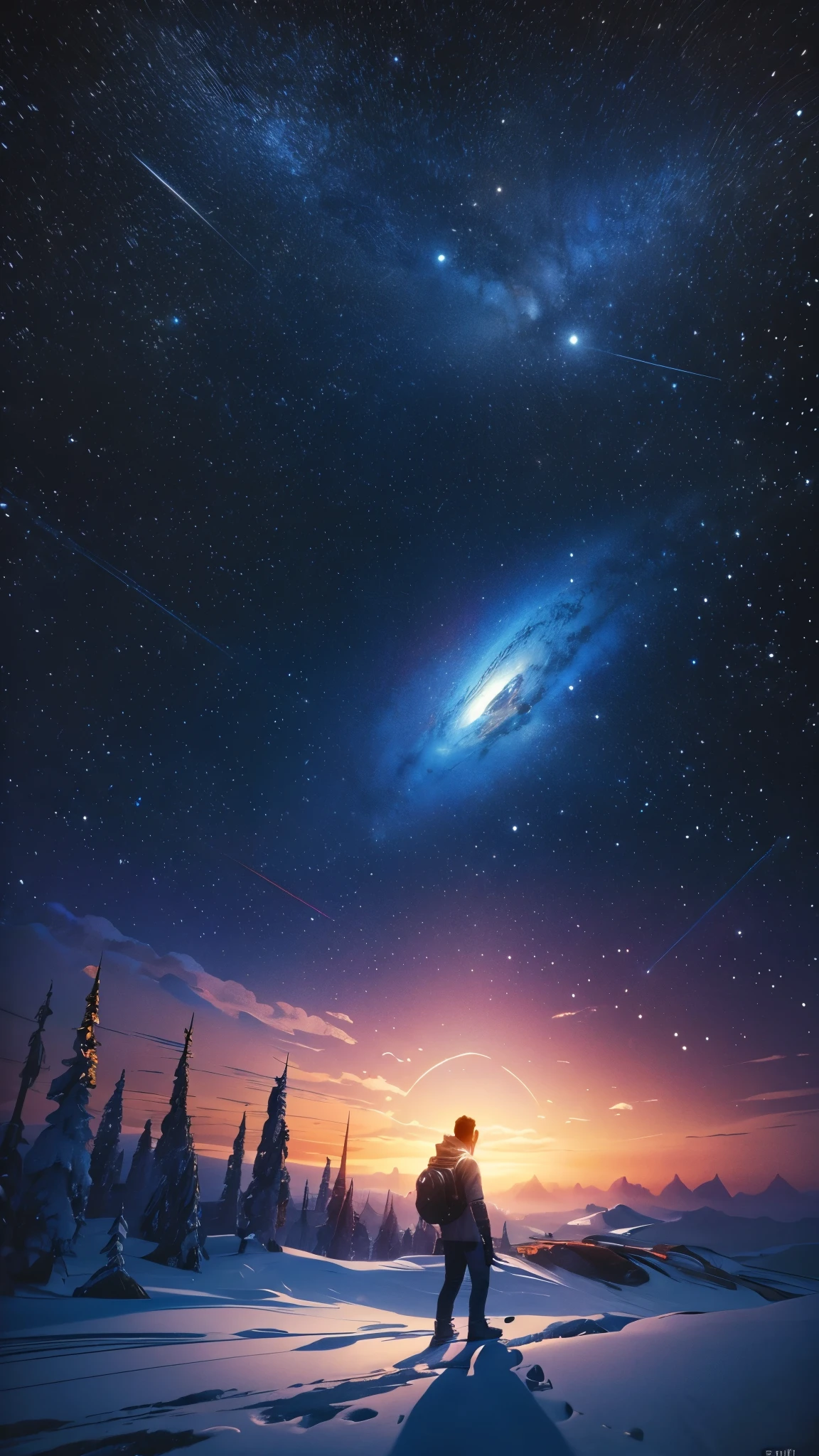 (Highly detailed CG Unity 8k wallpaper), A man looking up at the night sky, The most beautiful space art panorama, SF universe scenery, planet, Ed Blinky, Atey Gailan, Professional and spectacular paintings from Studio Ghibli, Jeremy Mann, Greg Manchess, Antonio Moro, Trending on Art Station, Trending on CGSociety, complicated, High detail, Sharp focus, dramatic, Photorealistic paintings by Midjourney and Greg Rutkowski
