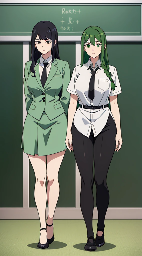 (1alraunegirl ,20s,mature female,adult),happy,white shirt,short sleeves,black standard tie,black school skirt,green hair,long hair,(classroom),full body,alraune, flower, vines,(pure green skin,colored skin,flower body)