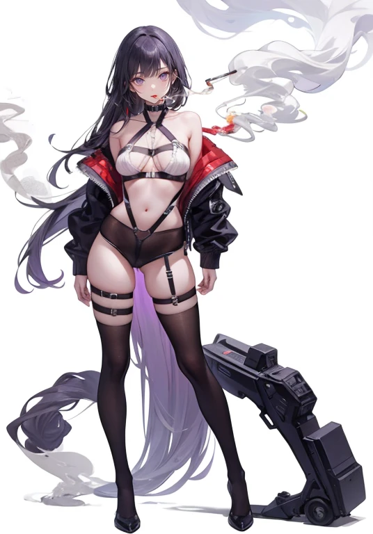 ((Smoking a cigarette)),Purple voluminous long hair,Adult female,((body harness)),((Simple white background),(((full body)))