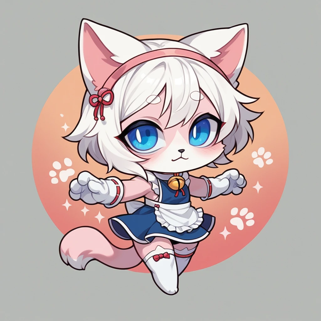 work of art, perfect, highy detailed, (small hibryd anthro cat femboy), fluffy black fur, ((blue colored eyes)), ((1))rabo de gato fluffly, short white hair, tiny chest, (PINK CAT Ears), Wearing a white collar, short maid dress, White silk gloves, silk white thigh socks, wearing a black muzzle, True muzzle, god of eyes, niji, god of eyes, niji,blue colored eyes, fluffly, chibi