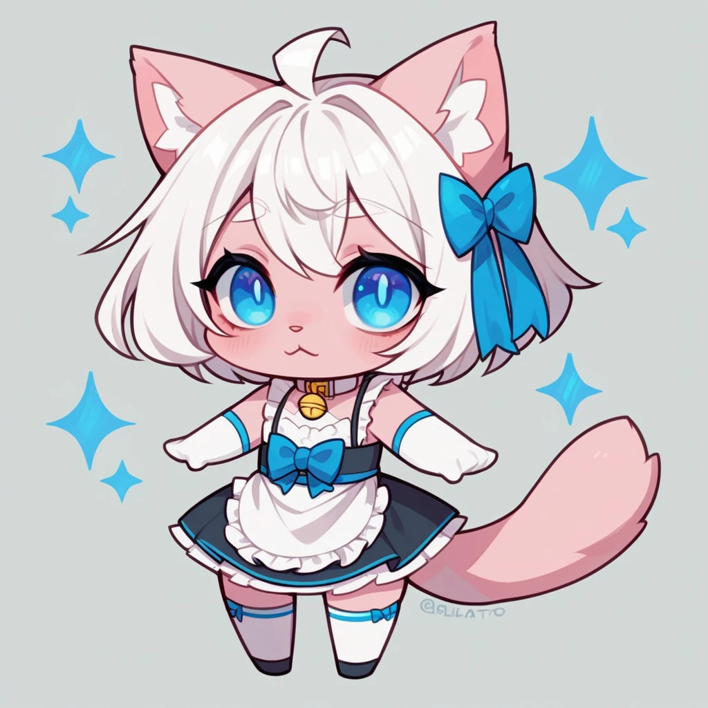 work of art, perfect, highy detailed, (small hibryd anthro cat femboy), fluffy black fur, ((blue colored eyes)), ((1))rabo de gato fluffly, short white hair, tiny chest, (PINK CAT Ears), Wearing a white collar, short maid dress, White silk gloves, silk white thigh socks, wearing a black muzzle, True muzzle, god of eyes, niji, god of eyes, niji,blue colored eyes, fluffly, chibi