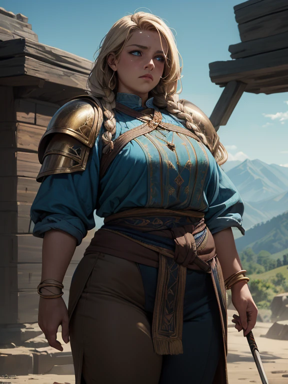 (masterpiece, highly detailed, artstation, absurdres, fantasy), solo, (big head), gloomy facial expression, (woman dwarf, short body, short legs, broad shoulders, broad waist, fat:1.3), blue eyes, blonde hair in long thick braids, golden tattoos on her face, bangles, holding a longbow, light armor, blue shirt, brown pants, in the hills with other dwarves, clear sky, sharp focus, cinematic composition,