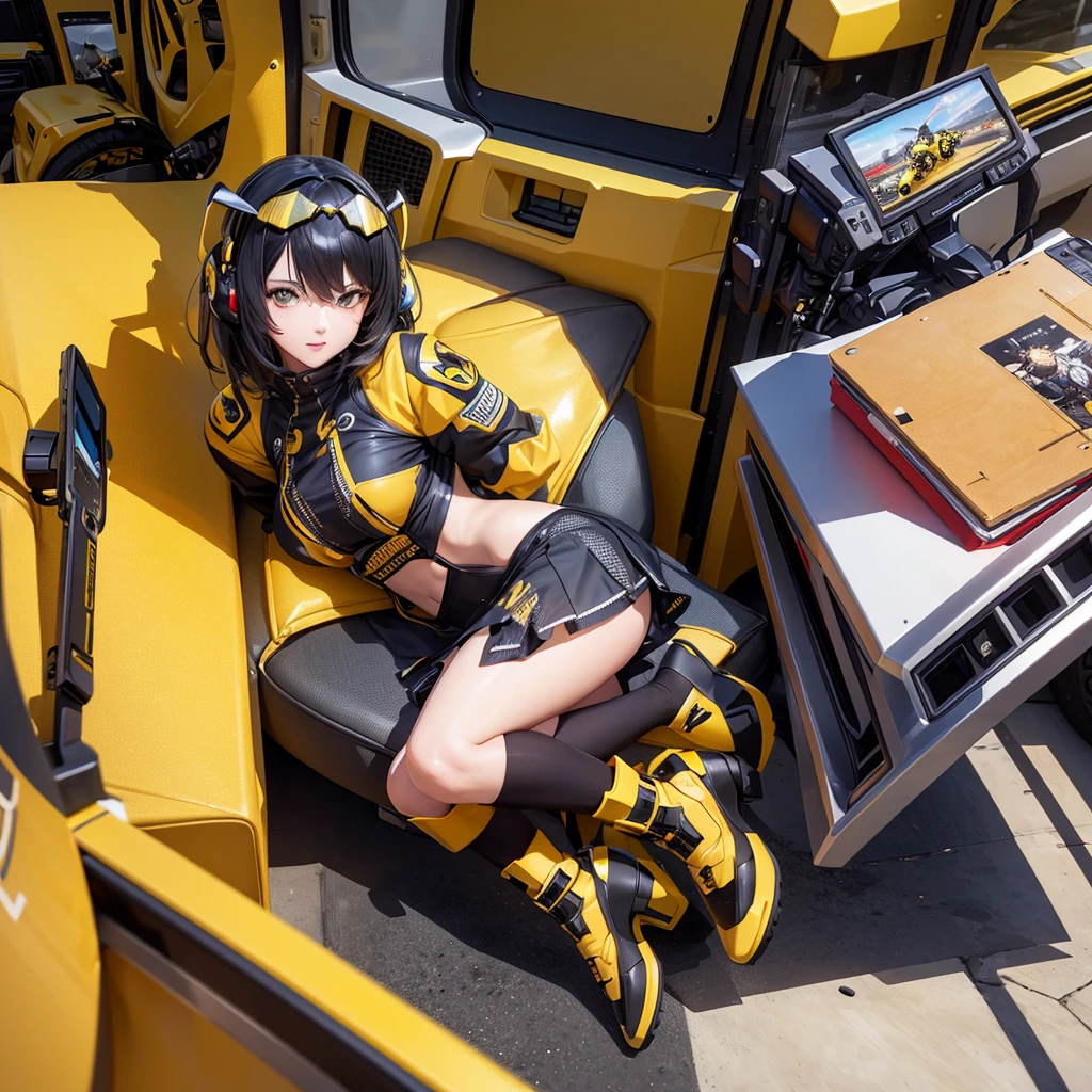 (Ultra hd), (full hd 8k regulations), (masterpiece), transformer ( bumblebee) with anime Girl combo,  advance car, bumblebee transformation anime, illustration, 3d rendering, photo, ceramics 