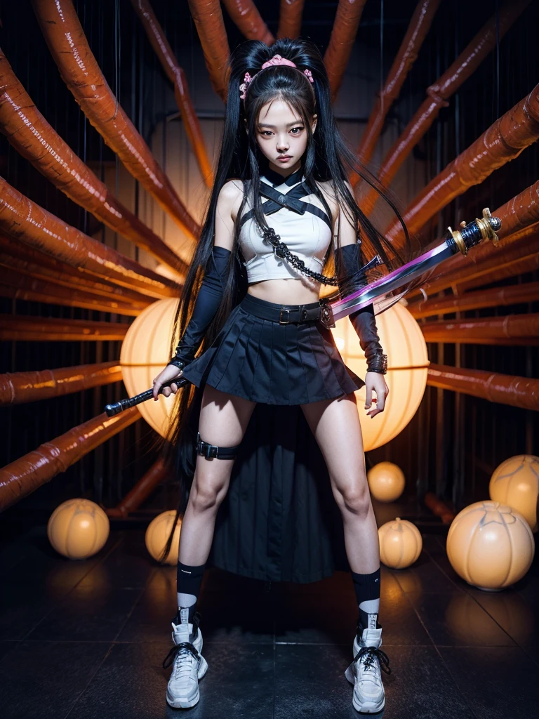 anime girl with long hair and a sword in her hand, nezuko, nezuko-chan, kimetsu no yaiba, junko enoshima, demon slayer artstyle, fine details. anime. tentacles, anime monster girl, hinata hyuga, long shot jorogumo, anime cover, anime woman fullbody art, blackpink jennie. 