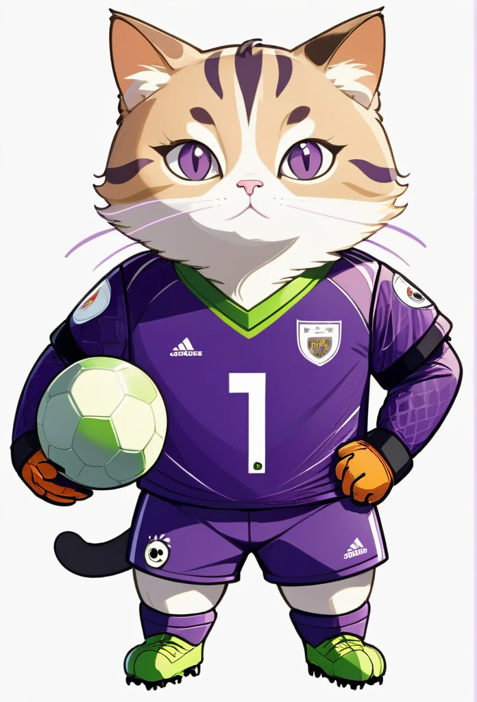 a soccer goalkeeper cat animal, draw illustration, purple football uniform, white background