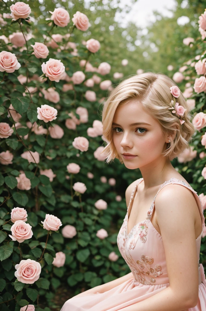 8k, photo and gross, fujifilm, Style photography of a beautiful young girl like Avril in a light pink rose garden. (very detailed skin: 1.2) Style-Petal BREAK short hair, blonde hair with colored highlights, wearing a dress, film grain, 35mm, beautiful style