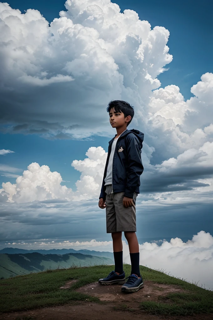 Cartoon A young boy named Rahul standing on a hill near his village, looking up at fluffy clouds in the sky on a rainy day. The clouds are big and billowy, casting shadows on the landscape below.