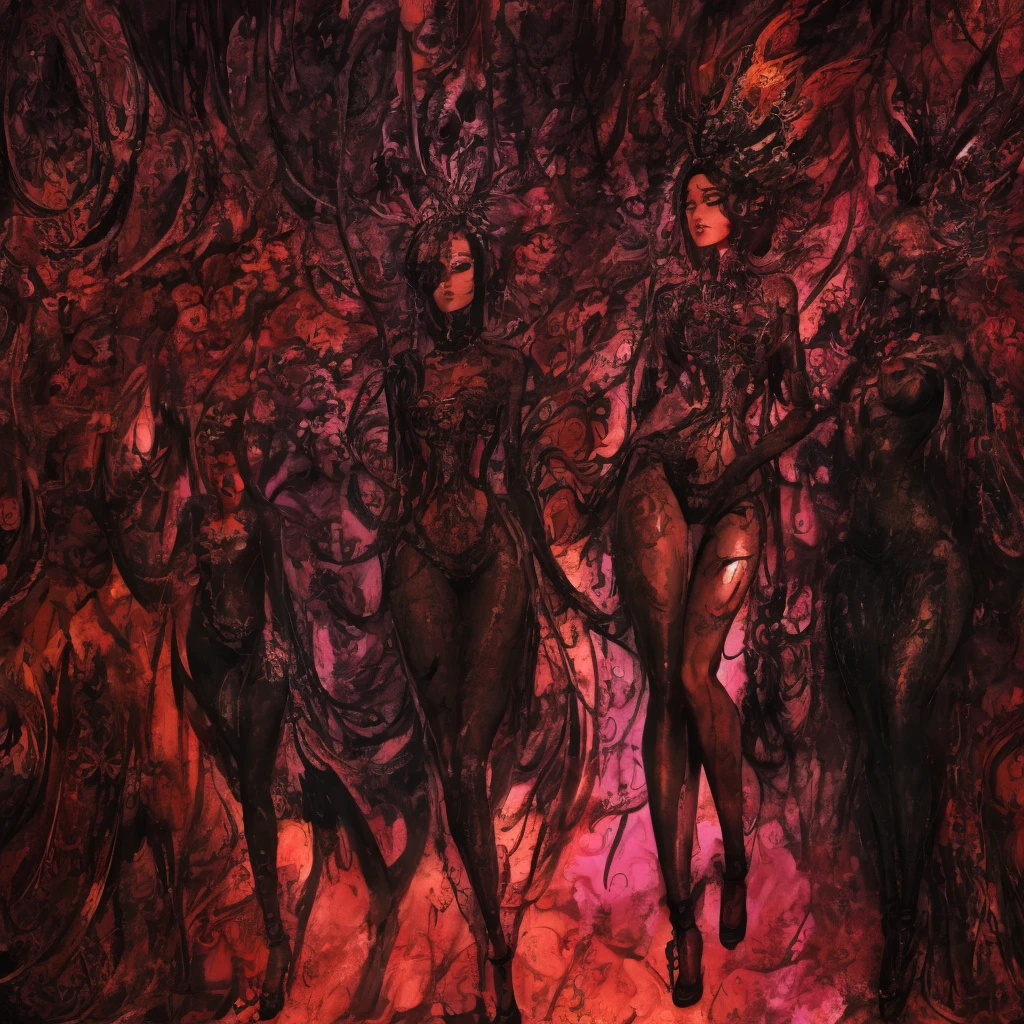 Anthropomorphic naked womans, modest and cute, showcasing sass, stands shyly, adorned in bright boots, big round eyes, pin-up art inspired by Nicola Samori, oil painting with mixed media textured backdrop, thin neck, full body within the composition, complex detailing, extremely contrasting, intricate patterns, backlighting creating an ethereal atmosphere, enhanced with fine ink rendering for sharp outlines and dry watercolor effects, digital