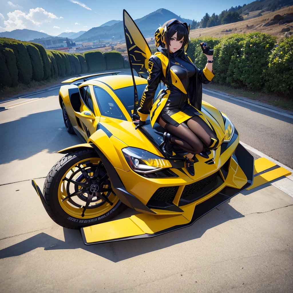 (Ultra hd), (full hd 8k regulations), (masterpiece), transformer ( bumblebee) with anime Girl combo,  advance car, bumblebee transformation anime, illustration, 3d rendering, photo, ceramics 