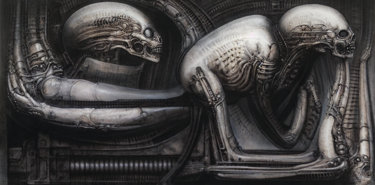 Giger_style, The image is a detailed view of H.R. Giger's \" Landscape XVI \" plate, featuring a complex network of bones and organs in a purple-brown hue ,swirling gray and brown colors. The artwork is silver and purplish brown, with an ivory bones prominently displayed. The image is highly detailed and intricate, almost like a 3d version of a medical diagram
The image is an artistic representation of a mechanical structure with pipes and gears, with a skeletal creature and a windmill blade.


The image depicts a surreal, anatomical illustration of a alien body with a skeleton inside, surrounded by a network of tubes and pipes.

biomechanical landscape by Hans Rudie Giger composed of fossilized and mummified alien life forms. Image depicts a strange and dreamlike, combines biological and mechanical ,managed  to dreamlike quality. Centralized recognizable shapes of skulls, rib cages, and spines, all intertwined with tubes and cables. These shapes suggest fossilized mummified alien life forms. Central skeletal structures and what appears to be a ribcags of ivory in the foreground are the most identifiable organic elements. The mechanical elements are evident in the wires and tubes emanating from the skeletals, as well as the smooth metallic tubes. In the background shapes are visible that could be interpreted as other fossilized or mummified alien life.
Light source from the top highlights skeletals, upper part of foreground, lower part of image is in shadow.


The piece is a tableau, most likely created with a India ink pen or pencil on paper, determined by the thin lines, shading techniques, and the texture of the paper, which is visible around the edges.
used is pen, given the shading and variations in line weight visible in the image. One have used a variety of pencils with different degrees of hardness to achieve the shading effects

The style  is clearly biomechanical. Features combination of organic and mechanical forms. 