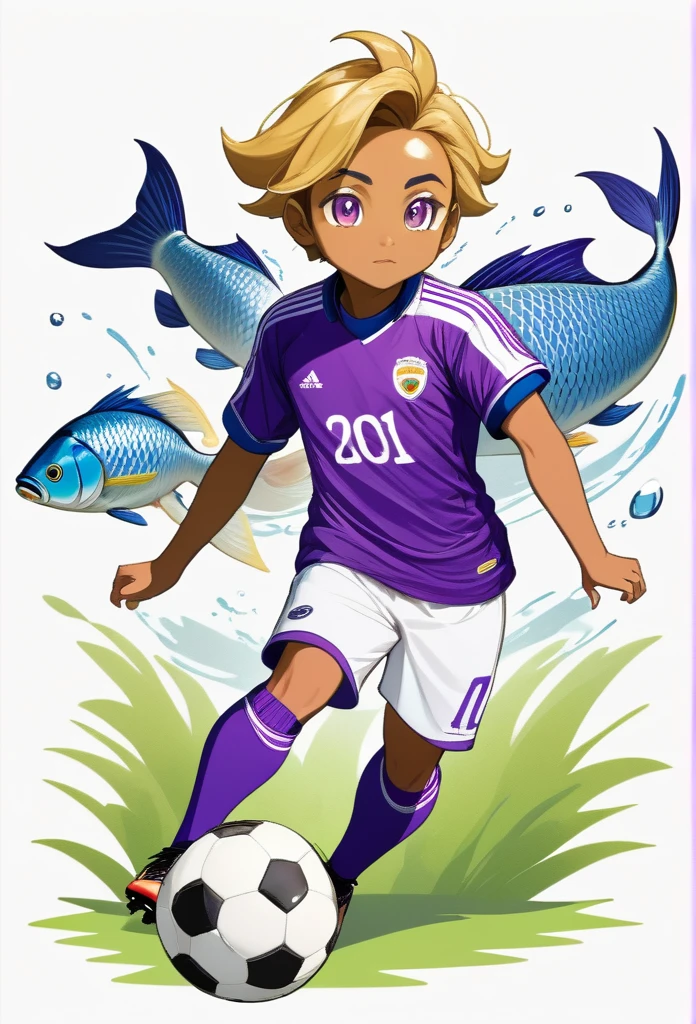 a real fish carp, hilsa, catla animal, soccer player, making goal, draw illustration, purple football uniform, full body, white background