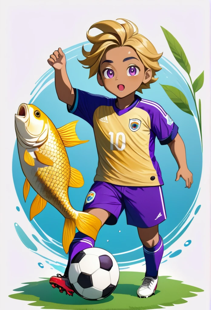 a real fish carp, hilsa, catla animal, soccer player, making goal, draw illustration, purple football uniform, full body, white background