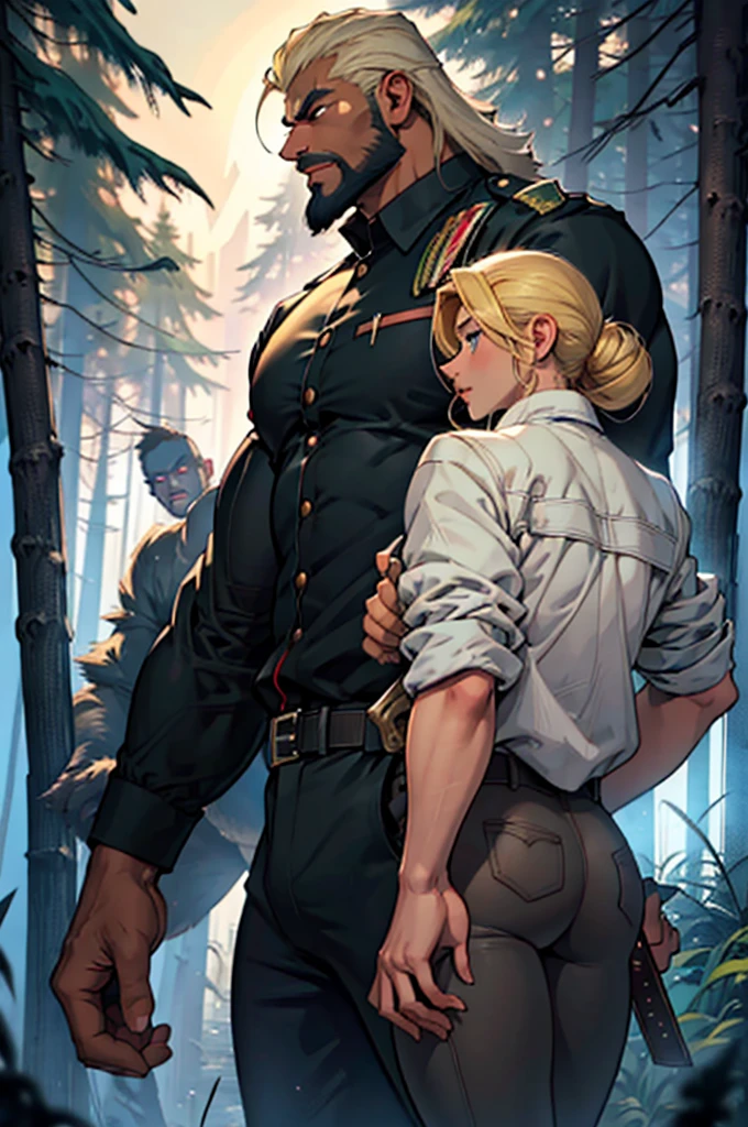 A muscular rebellious and wild black male werewolf monster (afro) bald and bearded man side by side with a beautiful exuberant and perfect young white woman, blonde haired ariana, very long detective, Policerman, investigator in uniform and armed traveling through a forest at night running courageously together facing the shadow monsters in an incredible hunt against the dangerous monster Wendigo