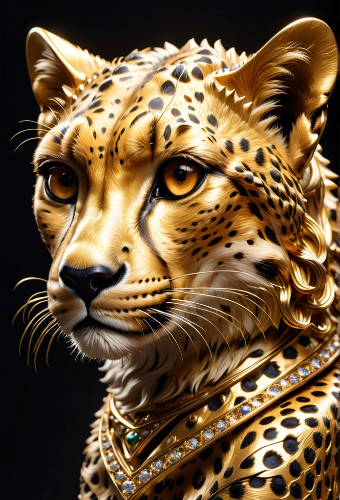 Cheetah made of gold metal, (masterpiece), (high quality), 8K, high resolution, extremely detailed,