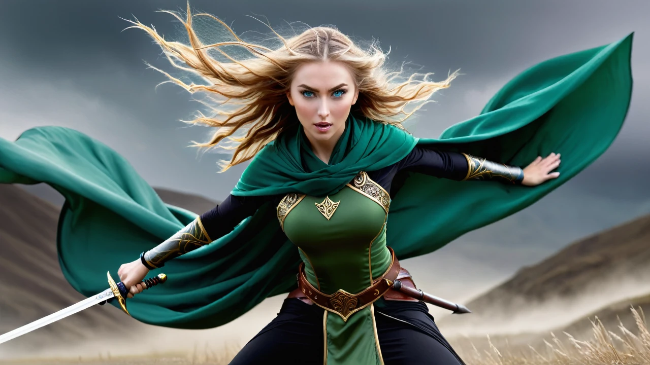 A slender and athletic woman with long flowing golden hair and piercing green eyes, wearing lightweight armor that allows for agility and flexibility, complemented by a cloak that protects her from the elements, holds a beautifully crafted two-handed sword and a belt adorned with vials of energy potions, stands poised for battle, her sword raised and her eyes focused on the enemy, against a rugged terrain or a battlefield amidst swirling winds, reflecting her connection to the wind element, conveying her confidence, power, and unwavering determination to protect those she cares about, (best quality,4k,8k,highres,masterpiece:1.2),ultra-detailed,(realistic,photorealistic,photo-realistic:1.37),beautiful detailed eyes,beautiful detailed lips,extremely detailed eyes and face,longeyelashes,wind blast,wind shield,wind-assisted movement,1girl