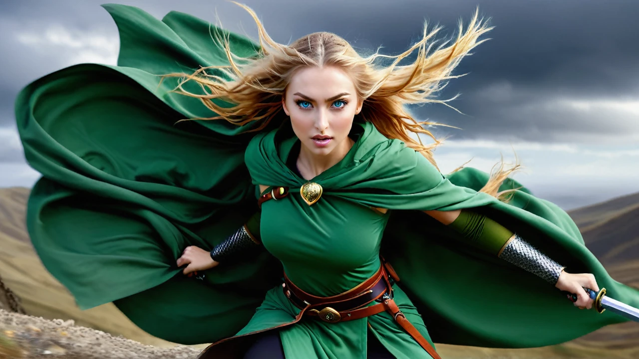 A slender and athletic woman with long flowing golden hair and piercing green eyes, wearing lightweight armor that allows for agility and flexibility, complemented by a cloak that protects her from the elements, holds a beautifully crafted two-handed sword and a belt adorned with vials of energy potions, stands poised for battle, her sword raised and her eyes focused on the enemy, against a rugged terrain or a battlefield amidst swirling winds, reflecting her connection to the wind element, conveying her confidence, power, and unwavering determination to protect those she cares about, (best quality,4k,8k,highres,masterpiece:1.2),ultra-detailed,(realistic,photorealistic,photo-realistic:1.37),beautiful detailed eyes,beautiful detailed lips,extremely detailed eyes and face,longeyelashes,wind blast,wind shield,wind-assisted movement,1girl