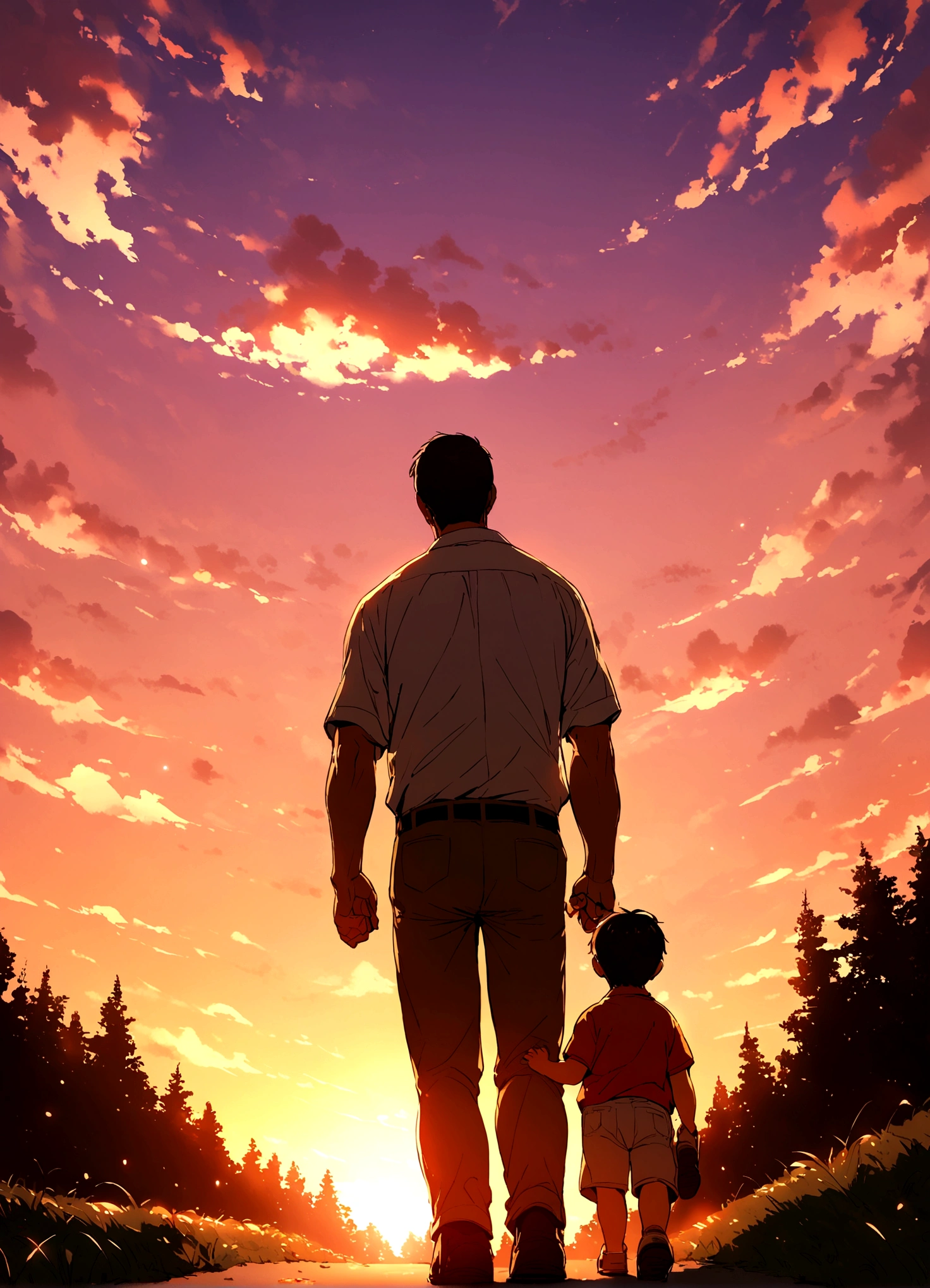 Father and son walking towards the sunset, Father's Day