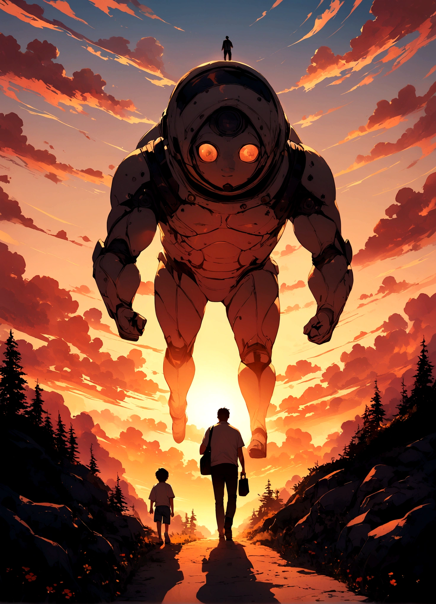 Father and son walking towards the sunset, Father's Day
