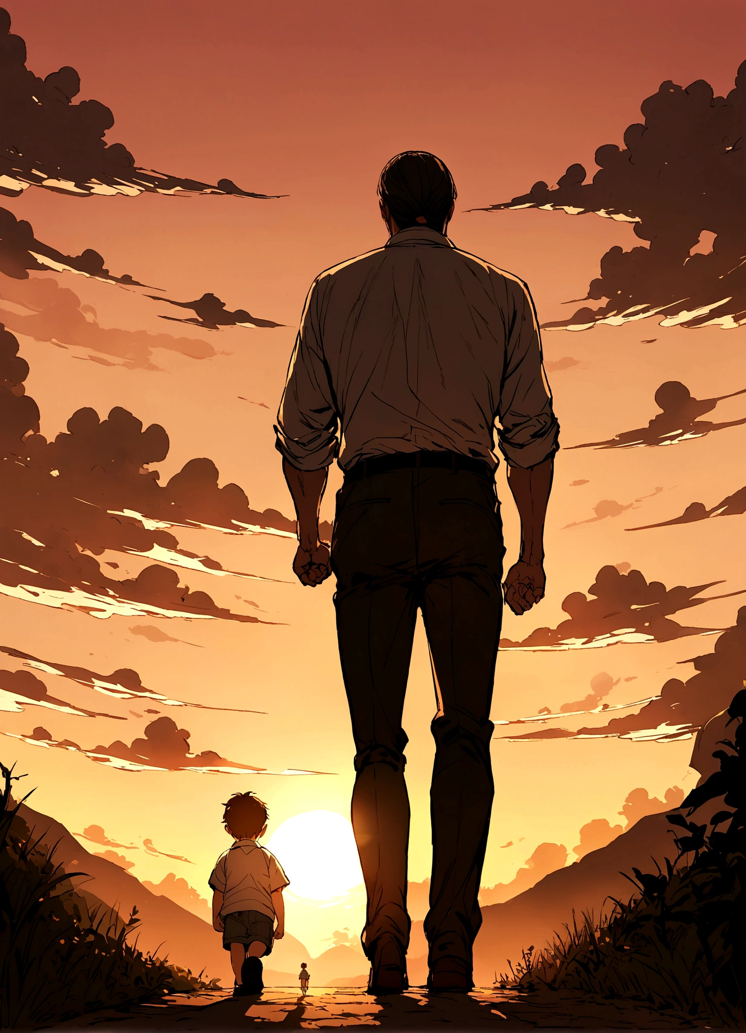 Father and son walking towards the sunset, Father's Day