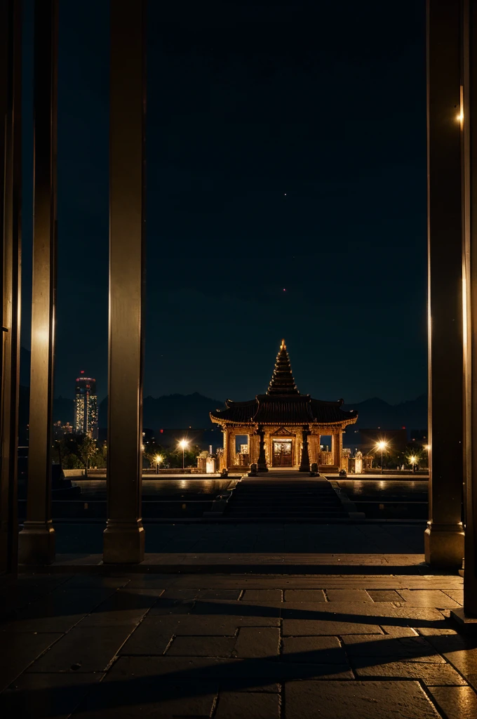 drawing of a night city with a temple