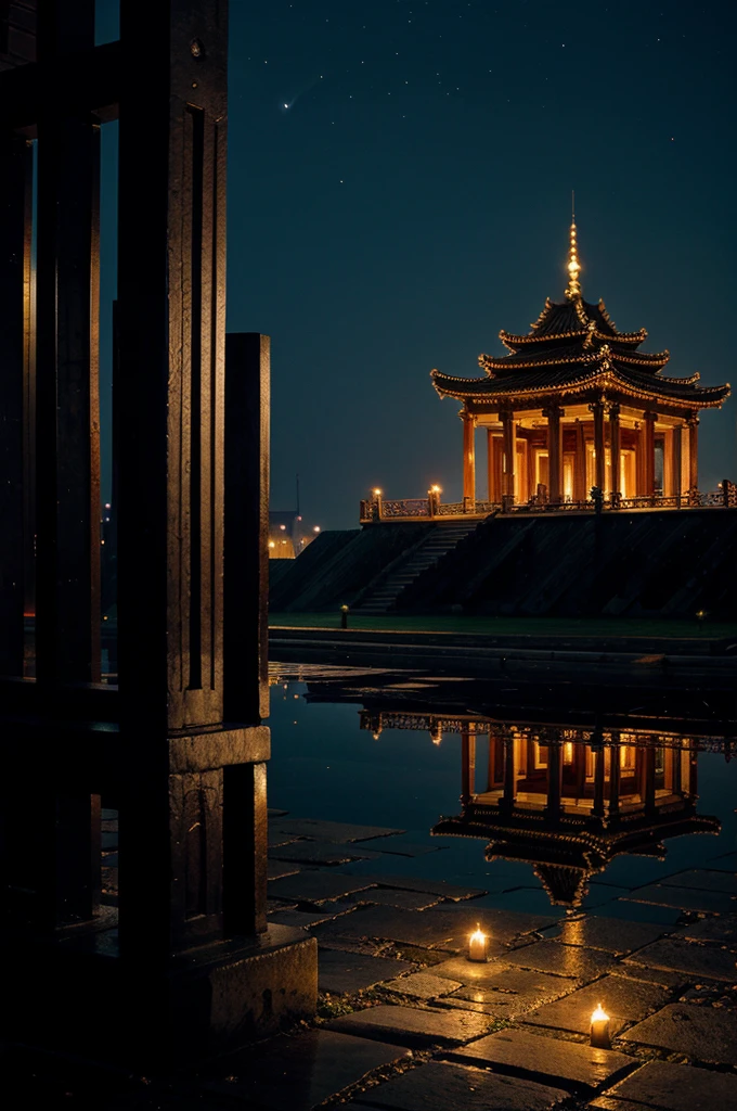 drawing of a night city with a temple