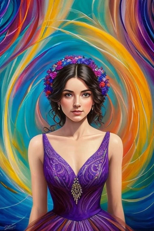 he woman with freckles takes a deep breath as she gazes intently at the glowing screen, her eyes glinting in the light as she carries a flowing burgundy dress in her hair. She wears a vibrant, vibrant, intricately decorated dress that shimmers in the moonlight. The dress is a bold blend of colors, and the background is a swirling vortex of deep blues and greens. The image captures the essence of the world around her, as she gazes into the distance with a sense of pure and enchantment. The scene is a masterpiece, painted in stunning detail, a symphony of deep purples and oranges. The painting is a portrait of a woman, her handwriting etched into the canvas, her expression awed by the artistic process of her painting. The colors of the painting float in mid-air, their movements synchronized and intense, as if she has been in a dream. The scene is a masterpiece, with bold lines and