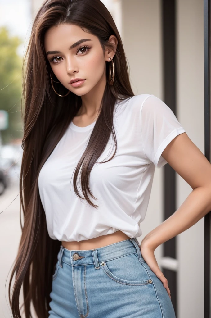 A real influencer woman with long, straight brown hair. She has brown eyes. Her body is that of a Brazilian model. In casual clothes