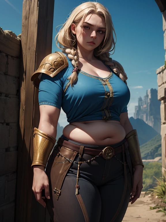 (masterpiece, highly detailed, artstation, absurdres, fantasy), solo, (big head), gloomy facial expression, (woman dwarf, short body, short legs, broad shoulders, broad waist, fat:1.3), blue eyes, blonde hair in long thick braids, golden tattoos on her face, bangles, light armor, blue shirt, brown pants, wearing a longbow on her back, in the hills with other dwarves, clear sky, sharp focus, cinematic composition,