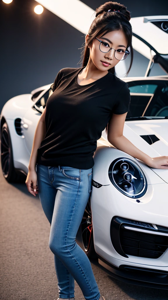 realistic high quality photo of a cute tan Chinese girl wearing glasses, tight jeans, standing next to a Porsche 911 sports car, beautiful detailed eyes, beautiful detailed lips, extremely detailed face, long eyelashes, photorealistic, 8k, ultra-detailed, physically-based rendering, vivid colors, studio lighting, professional photography
